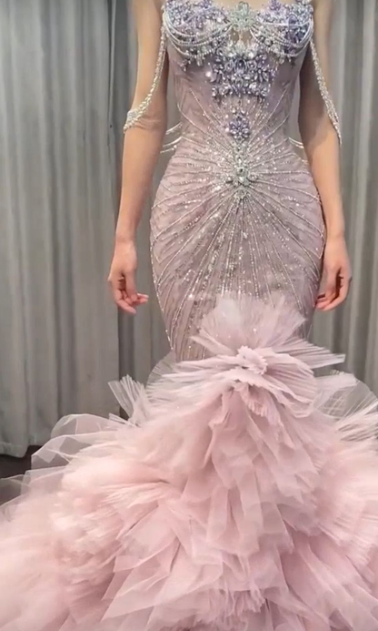 Gorgeous Lilac Tulle Beaded Mermaid Long Party Dress Birthday Evening Dress SP3891