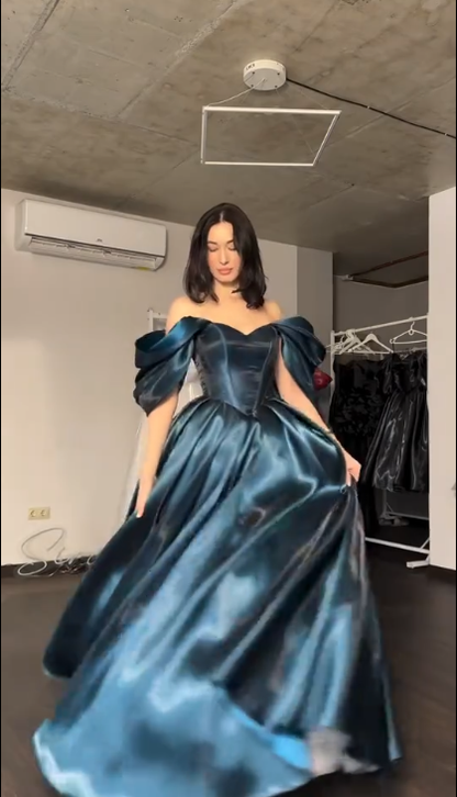 Elegant Off The Shoulder Ball Gown Blue Satin Long Party Dress Birthday Dress SP2144