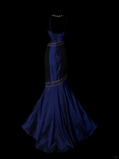 Gorgeous Spaghetti Straps Navy Blue Satin Beaded Mermaid Long Evening Dress Birthday Party Dress SP4075