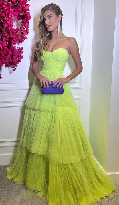 Green sweetheart a-line tulle long prom dress formal Evening dresses Y5465