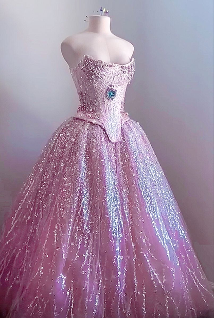 Gorgeous Strapless Sequin Beaded Ball Gown Pink Formal Quinceanera Dress SP1223