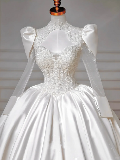 Gorgeous White Satin Lace Appliques Long Wedding Dress Y8607