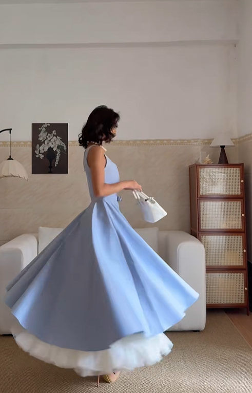 Classy Blue Satin Tulle A Line Long Party Dress Birthday Prom Dresses SP2072