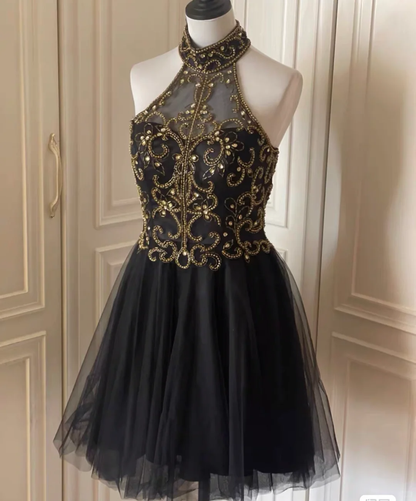 Fashion Halter Black Tulle Beaded A Line Cocktail Dress Formal Homecoming Dress Y9052