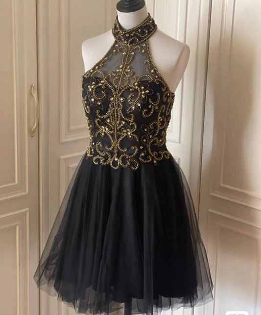 Fashion Halter Black Tulle Beaded A Line Cocktail Dress Formal Homecoming Dress Y9052