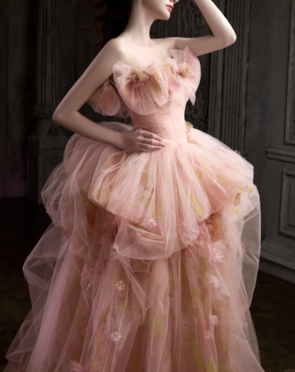 Pretty Pink Floral Tulle Long Birthday Prom Dress Strapless Party Gowns SP2096