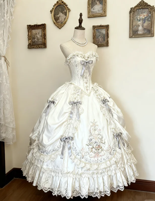 Pretty Strapless White Satin Lace Ball Gown Formal Quinceanera Dress SP319