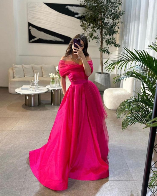 Off The Shoulder Hot Pink A-Line Evening Prom Dress Y6554