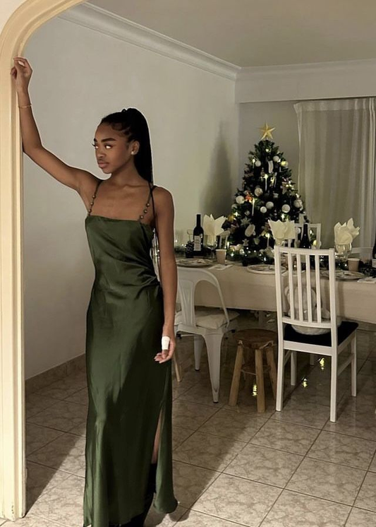Elegant Spaghetti Straps Olive Green Satin Slit Long Party Dress Birthday Dress SP2134