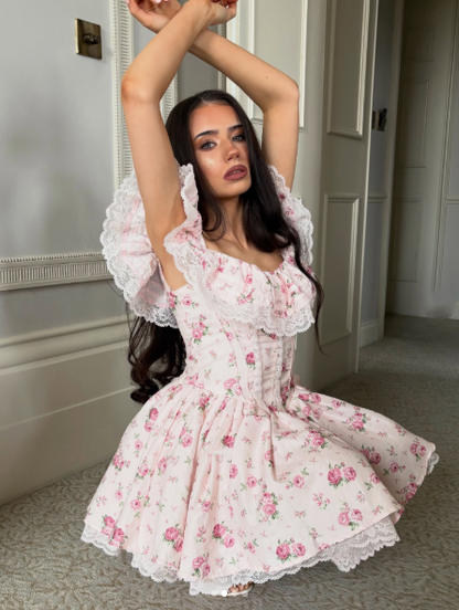 Glamorous Pink Lace Satin Floral A Line Short 7th Grade Homecoming Dress,Off The Shoulder Mini Birthday Dress SP3215