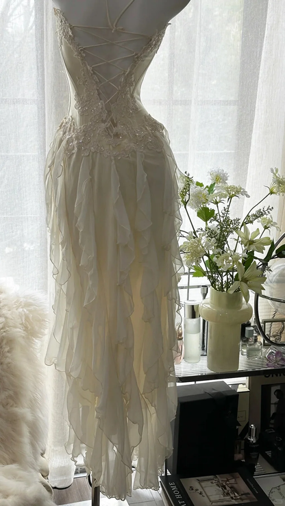 Chic Off White Chiffon Ruffles Party Dress,Strapless Appliques Prom Dress Y8743