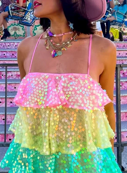 Women Shiny Sequin Sparkle Homecoming Dress Sleeveless Glitter Layered Rainbow Ruffle Dress Party Club Night Dress,Y2475