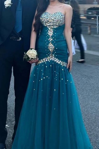 Gorgeous Teal Sweetheart Neck Tulle Beaded Mermaid Long Party Dress Party Gown SP3880