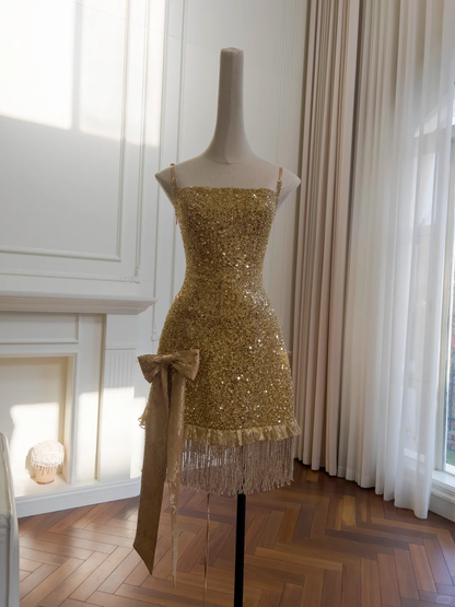Glitter Gold Spaghetti Straps Sequins Beaded Cocktail Dress Short Graduation Homecoming Dress Y9050