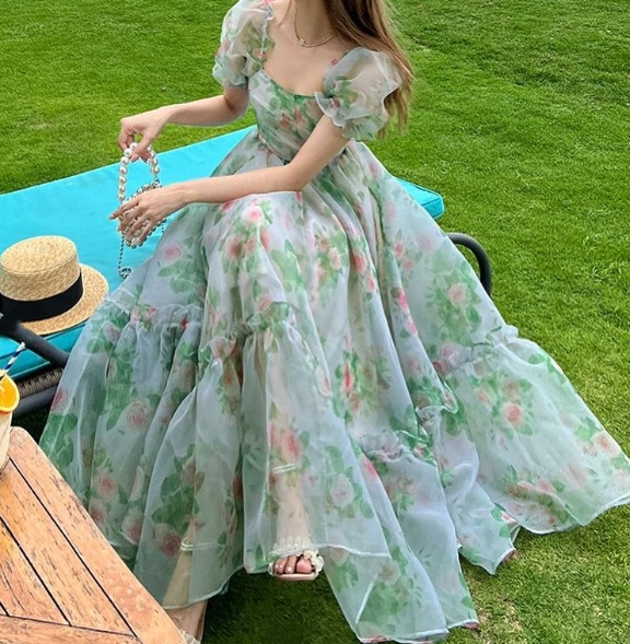 Pretty Green Chiffon Print Floral A Line Long Evening Dress Prom Dress SP228