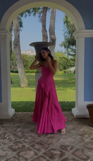 Charming Spaghetti Straps Hot Pink Satin Pleated A Line Long Evening Gown Formal Wedding Guest Dress SP335