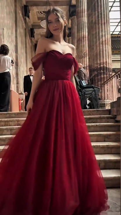 Elegant Off The Shoulder Tulle Long Wedding Guest Dress Burgundy Long Party Dress SP3737