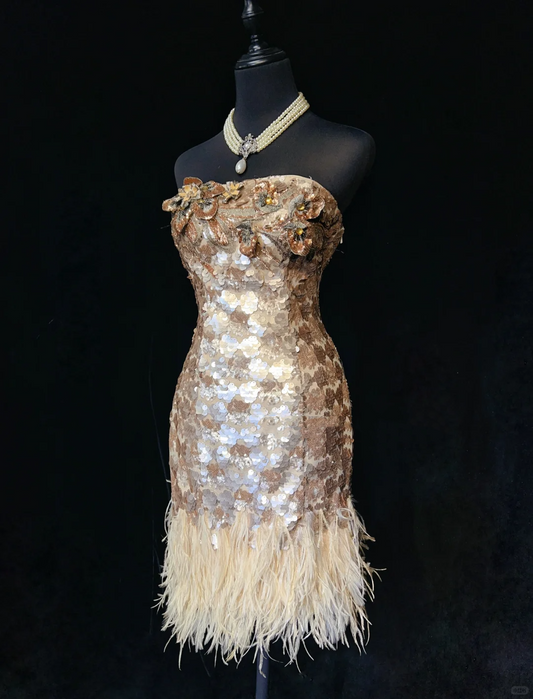 Gorgeous Strapless Champagne Gold Sequin Sheath Short Graduation Homecoming Dress,Short Prom Gown SP2894