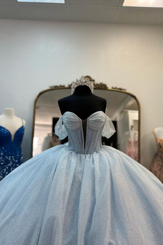 Sweet Light Blue Off-the-Shoulder Quinceañera Dress Ball Gown With Bow SP570