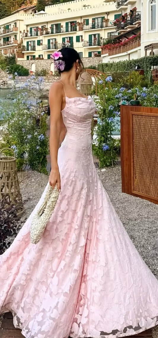 Pretty Spaghetti Straps Pink Lace Long Party Dress Birthday Prom Gown SP2530
