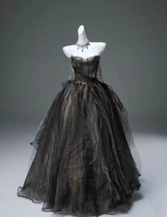 Elegant Black Strapless Organza Formal Ball Gown Quinceanera Dress SP328