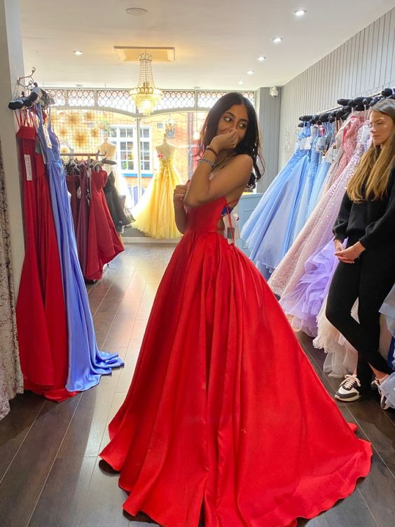 Classic Red A-line Satin Prom Dress With Pockets Y7164