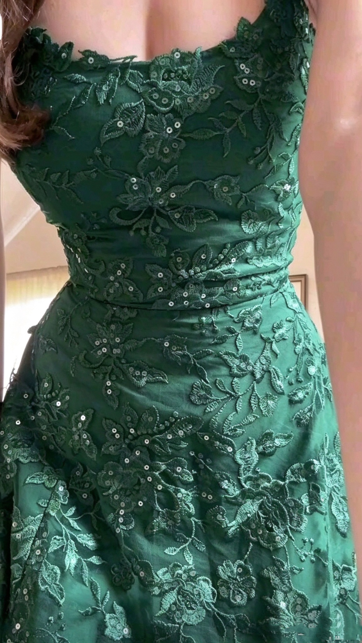 Charming Spaghetti Straps Green Tulle Sequin Appliques A Line Long Party Dress Prom Gowns SP4256