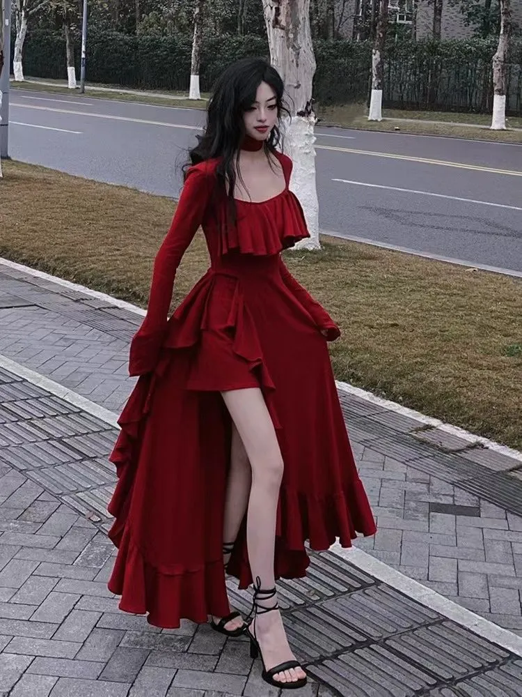 Women Autumn Long Sleeve Midi Dress Elegant Ruffles Red Square Neck Irregular Prom Dress  Y5190