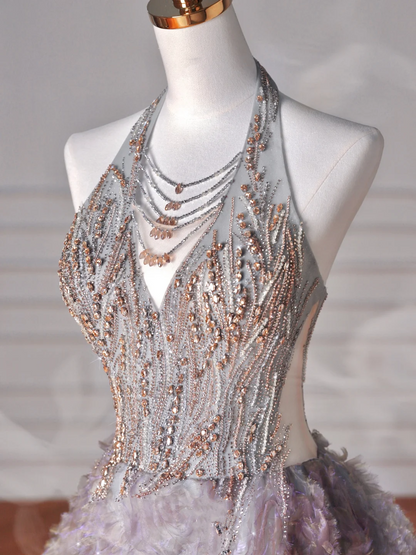 Glamorous Halter Purple Tulle Flowers Beaded Prom Dress,A Line Evening Dress Wedding Dress Y8625