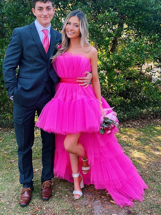 Hot Pink High Low Tulle Prom Dresses, Hot Pink High Low Formal Graduation Dresses Y5609