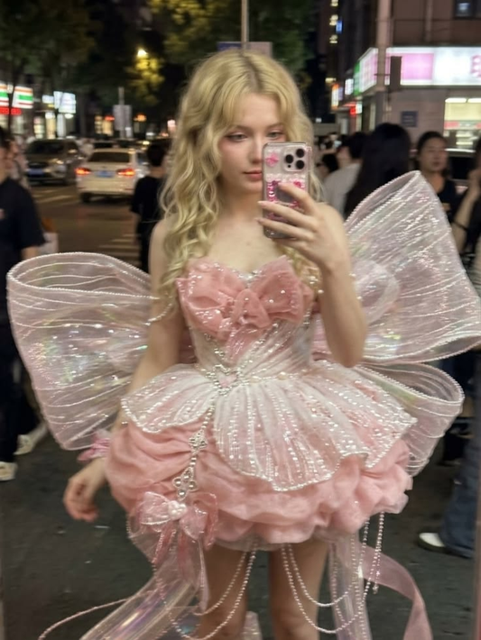 Sparkly Pink Tulle Pleated Sequin Beaded A Line Short Homecoming Dress,Formal Birthday Outfits With Bow SP2784