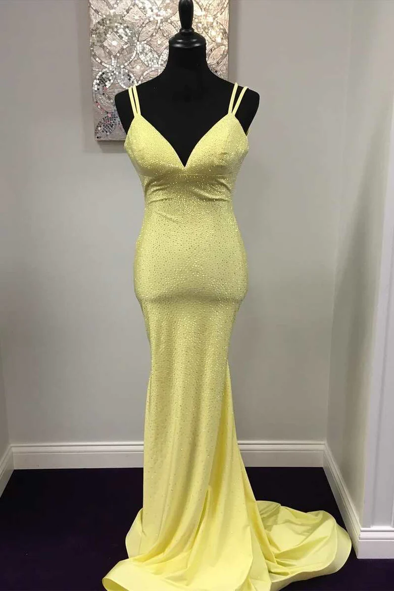 Mermaid Yellow Long Prom Dresses, Backless Yellow Prom Dresses Formal Evening Dresses Y1562