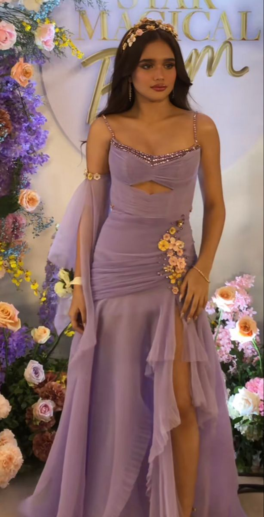 Pretty Spaghetti Straps Lavender Chiffon Beaded Appliques Mermaid Party Dress Long Prom Gown SP305