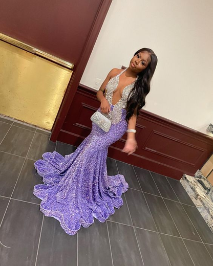 Luxurious Purple Sequins Mermaid Evening Dress For Black Girls Y7311