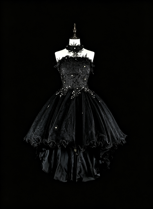 Pretty Black Strapless Tulle Appliques Beaded Short 15th Birthday Outfit,Formal Graduation Homecoming Dress SP3390