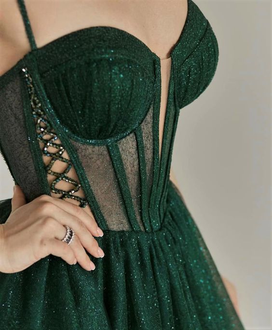 Sparkly Evening Dress Green Corset A-line Evening Gown Y6339