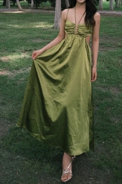Elegant Green Satin Backless Long Wedding Guest Dress Halter Long Birthday Party Dress SP3878