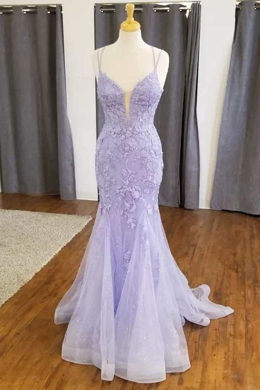 Mermaid Lavender Floral Lace Straps Long Prom Dress Y6092