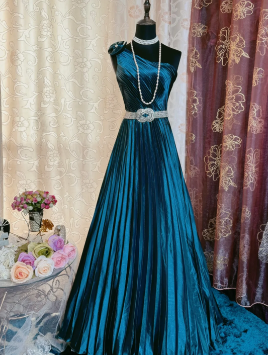Vintage One Shoulder Peacock Blue Satin Pleated Beaded A Line Long Party Dress Prom Gowns SP1950
