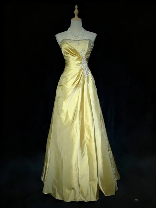 Fashion Strapless Yellow Satin Beaded A Line Long Party Dress Evening Dresses SP2150