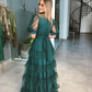 Green A-line V Neck Tulle Multi-layered Prom Dress,Green Evening Dress Y6218