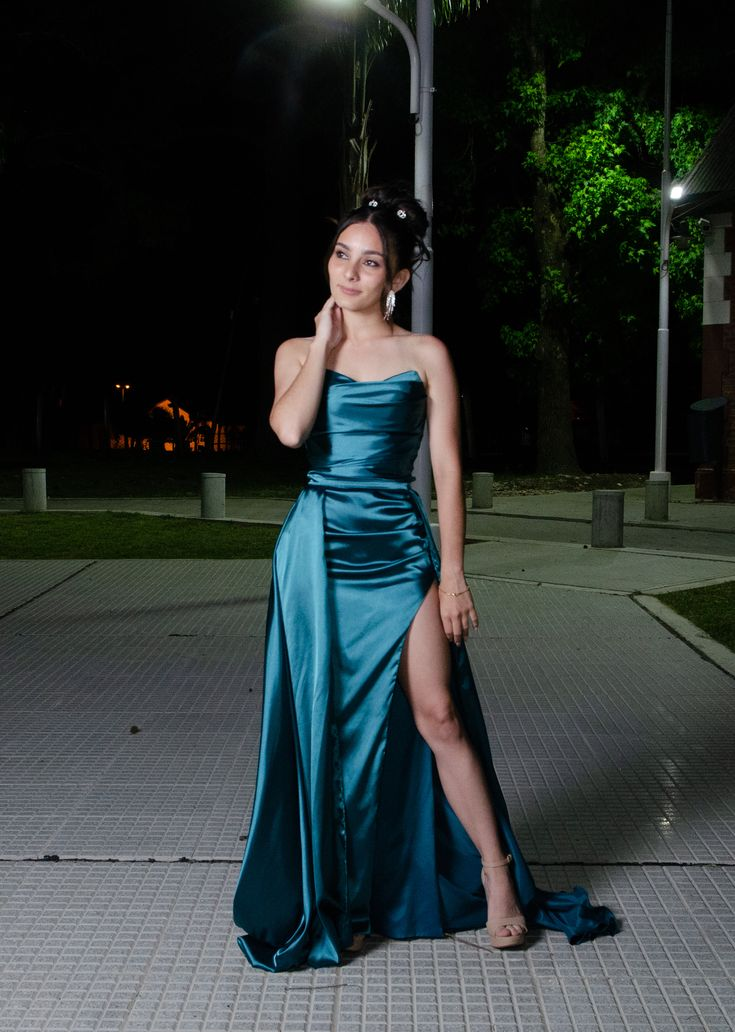Classy Peacock Blue Strapless Satin Pleated Mermaid Long Wedding Guest Dress Party Dress SP2229