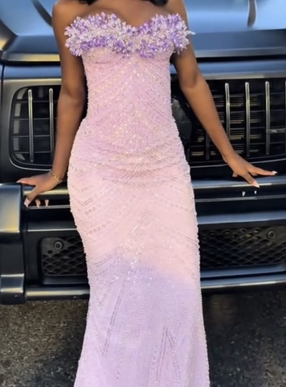 Gorgeous Pink Sweetheart Neck Satin Beaded Mermaid Long Party Dress Birthday Dress SP2590
