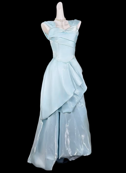 Pretty Light Blue Satin Tulle Long Party Dress Prom Dresses SP3528