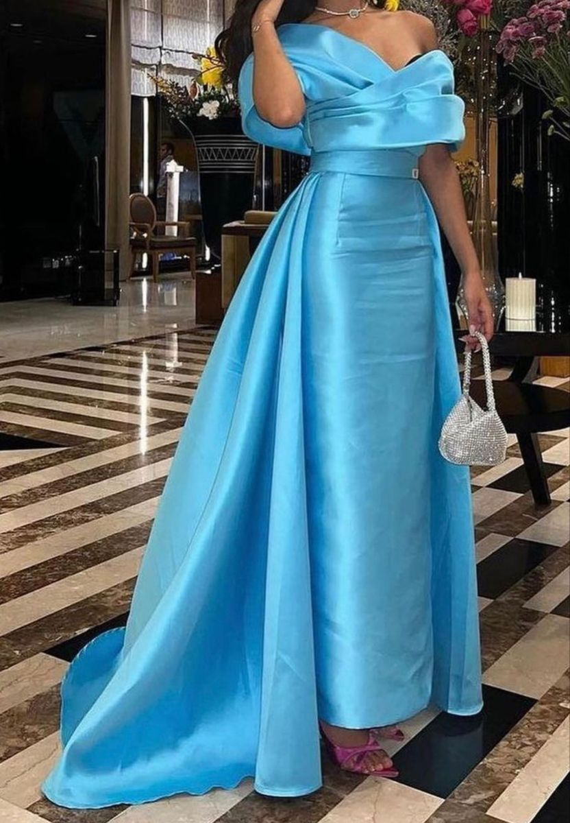 Off The Shoulder Blue Satin Evening Dress Y4026