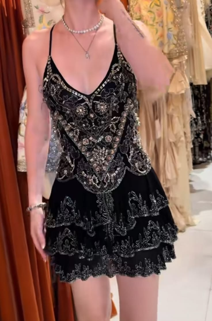 Sexy Black V Neck Chiffon Beaded Layered Short Homecoming Dress Cocktail Dress SP3698