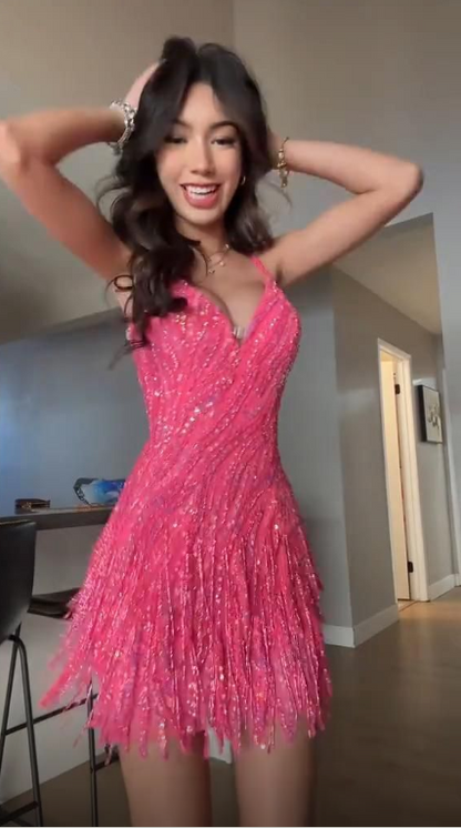 Gorgeous Spaghetti Straps Pink Satin Sequin Short 6th Grade Homecoming Dress SP2889
