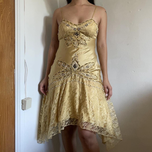 Vintage Gold Satin Lace Beaded Homecoming Dress Spaghetti Straps Mini Cocktail Dress Y8956