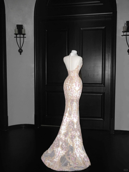 Classy Tulle Appliques Sequins Mermaid Prom Dress,Slit Formal Evening Dress Y8661