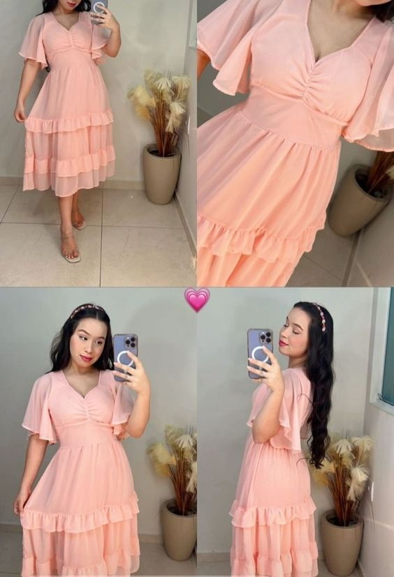 Pink A-line Chiffon Midi-length Prom Dress,Summer Beach Dress Y7134